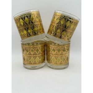 Yellow‎ Ranier West Virginia Glass Low Ball Tumblers Mid Century 22K Gold 4pc